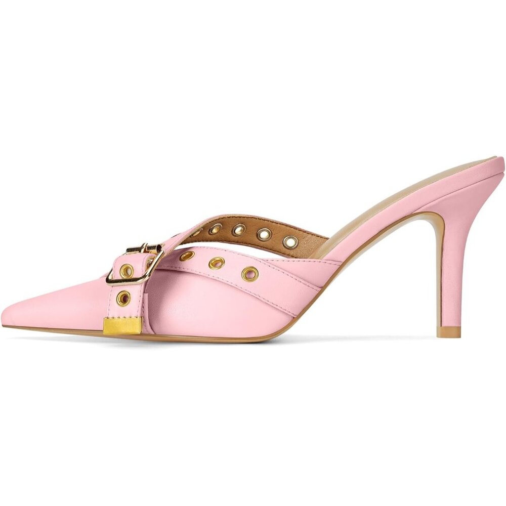 💫 Women Pink Sexy Bow Vintage Heel Pointed Closed Toe Studded Stiletto Shoes